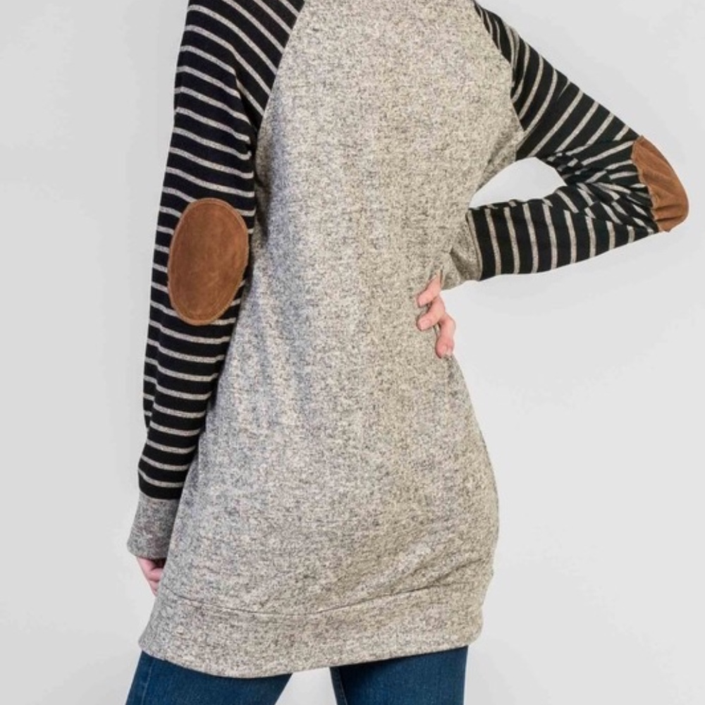 NWT Cozy Longline Tunic – Striped Sleeves + Suede Elbow Patches